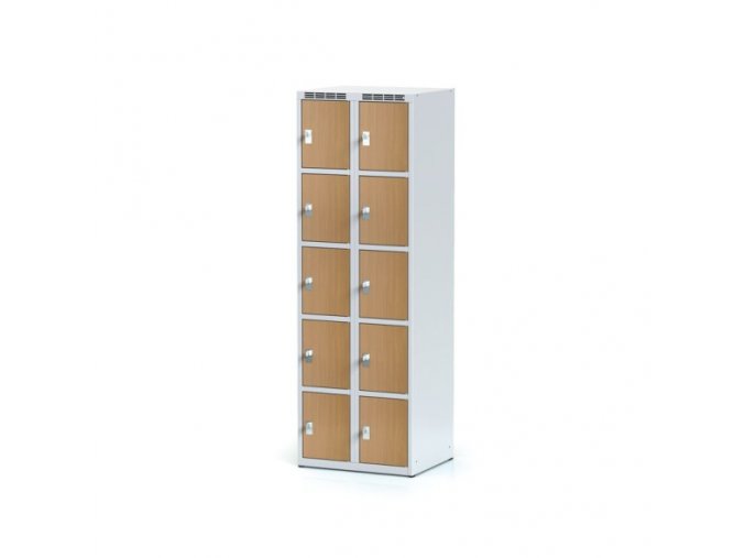 Šatní skříňka s úložnými boxy, 10 boxů 300 mm, laminované dveře buk, otočný zámek