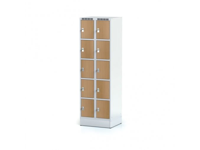 Šatní skříňka na soklu s úložnými boxy, 10 boxů 300 mm, laminované dveře buk, cylindrický zámek