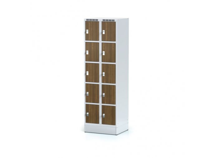 Šatní skříňka na soklu s úložnými boxy, 10 boxů 300 mm, laminované dveře ořech, otočný zámek