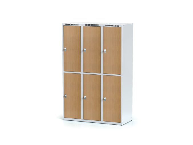 Šatní skříňka s úložnými boxy, 6 boxů 400 mm, laminované dveře buk, cylindrický zámek