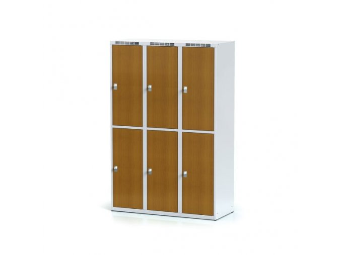 Šatní skříňka s úložnými boxy, 6 boxů 400 mm, laminované dveře třešeň, cylindrický zámek