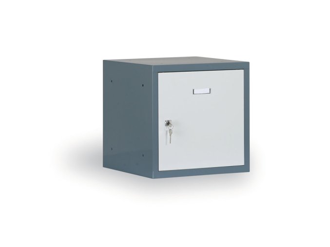 Šatní skříňka s uzamykatelným boxem 400 x 400 x 400 mm, cylindrický zámek, tmavě šedá, šedé dveře