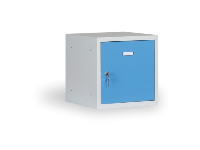 Šatní skříňka s uzamykatelným boxem 300x300x300 mm, modré dveře, cylindrický zámek