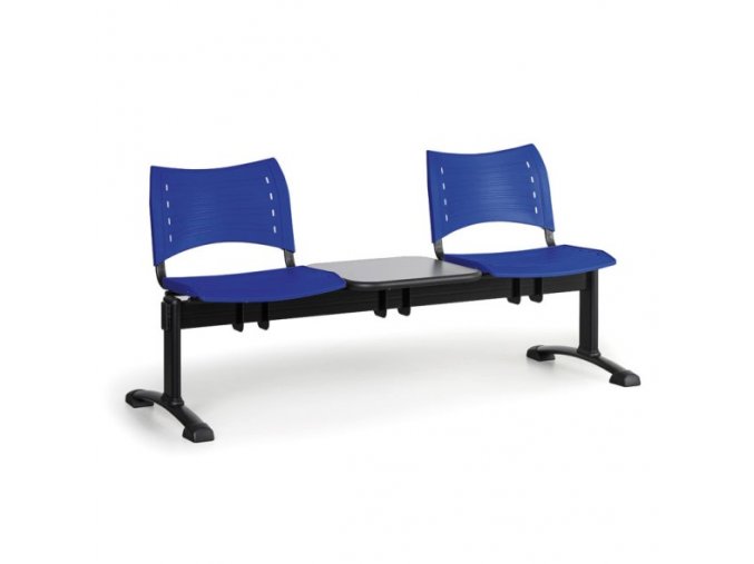 Plastová lavice do čekáren VISIO, 2-sedák, se stolkem, modrá, černé nohy