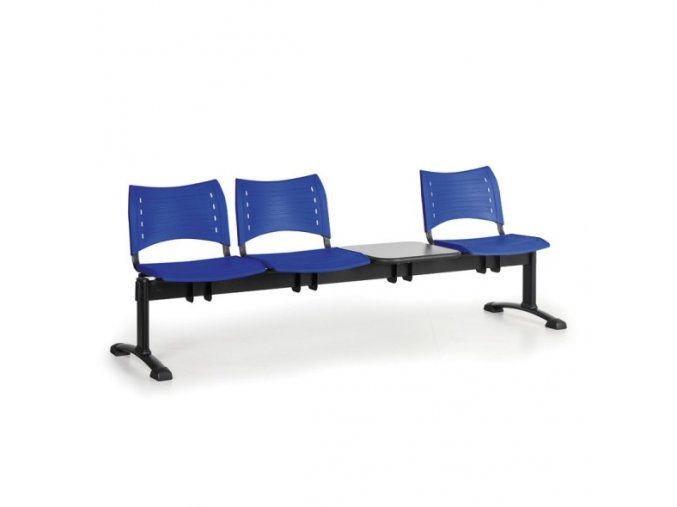 Plastová lavice do čekáren VISIO, 3-sedák, se stolkem, modrá, černé nohy