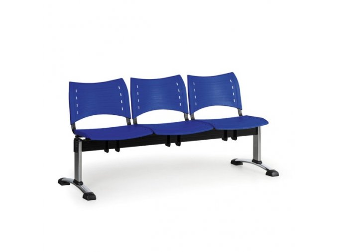 Plastová lavice do čekáren VISIO, 3-sedák, modrá, chromované nohy