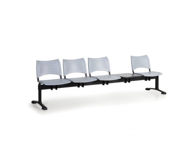 Plastová lavice do čekáren VISIO, 4-sedák, se stolkem, šedá, černé nohy