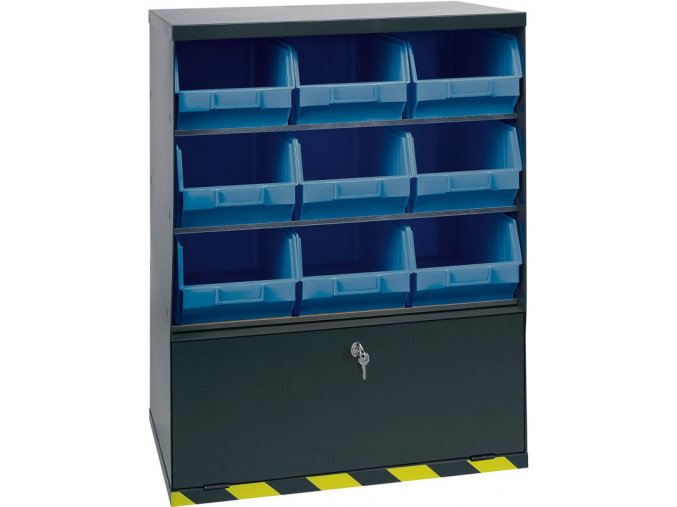 Závěsný regál s plastovými boxy BASIC a přihrádkou, 9 boxů