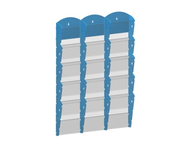 Nástěnný plastový zásobník na prospekty - 3 x 5 A4, modrý