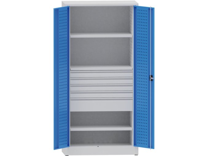 Dílenská kovová skříň na nářadí KOVONA, 2 police, 5 zásuvek, svařovaná, nosnost 50 kg, 950 x 500 x 1950 mm