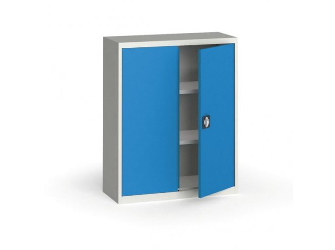 Plechová policová skříň na nářadí KOVONA, 1150 x 950 x 400 mm, 2 police, šedá/modrá