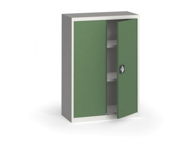 Plechová policová skříň na nářadí KOVONA, 1150 x 800 x 400 mm, 2 police, šedá/zelená