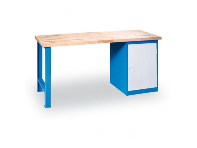 Dílenský pracovní stůl GÜDE Variant, buková spárovka, pevná noha + zásuvková dílenská skříňka na nářadí, 1700 x 800 x 850 mm, modrá