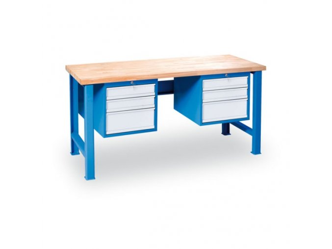Výškově nastavitelný pracovní stůl GÜDE Variant se 2 závěsnými boxy na nářadí, buková spárovka, 6 zásuvek, 1700 x 800 x 850 - 1050 mm, modrá