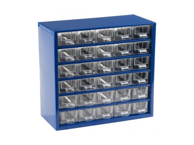 Kovové závěsné skříňky se zásuvkami, 30 zásuvek, modrá
