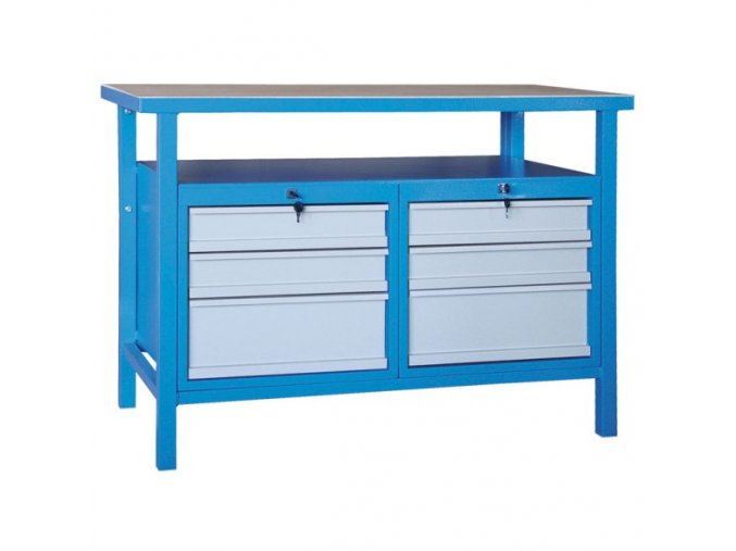 Dílenský pracovní stůl GÜDE Basic, smrk + buková překližka, 6 zásuvek, 1190 x 600 x 850 mm, modrá