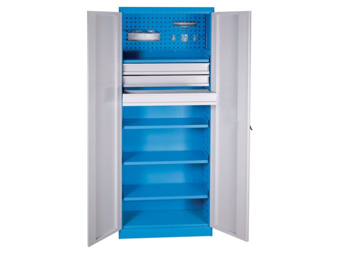 Dílenská kovová skříň na nářadí GD, 4 police, 3 zásuvky, svařovaná, nosnost 60 kg, 780 x 380 x 1920 mm