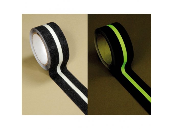 Fotoluminiscenční protiskluzová páska - 50 mm x 18,3 m, černá s bílým pruhem