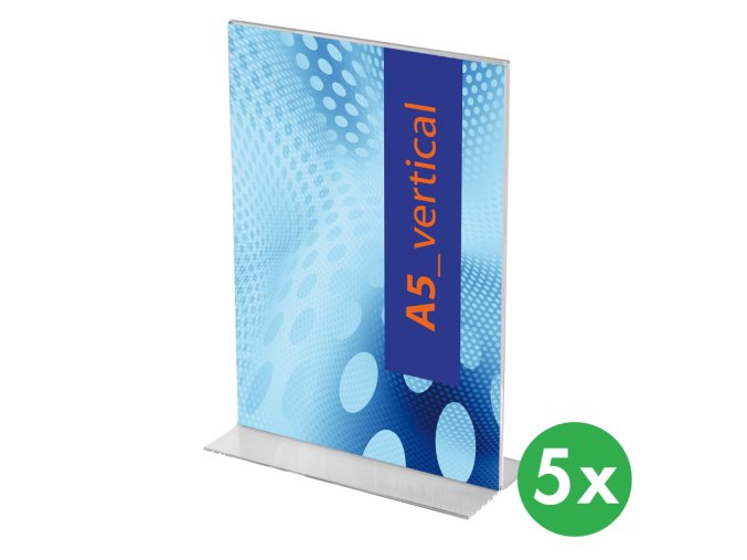 Plexi pultové stojánky, typ T, A5 na výšku, balení 5 ks