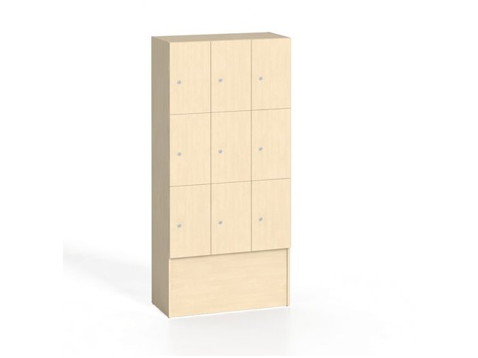 Dřevěná odkládací skříňka s úložnými boxy, 9 boxů, 1700 x 900 x 420 mm, cylindrický zámek, bříza