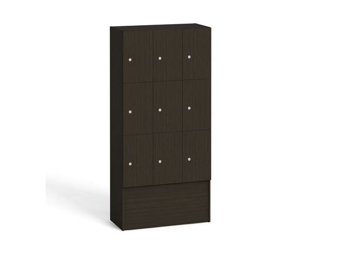 Dřevěná odkládací skříňka s úložnými boxy, 9 boxů, 1700 x 900 x 420 mm, cylindrický zámek, wenge