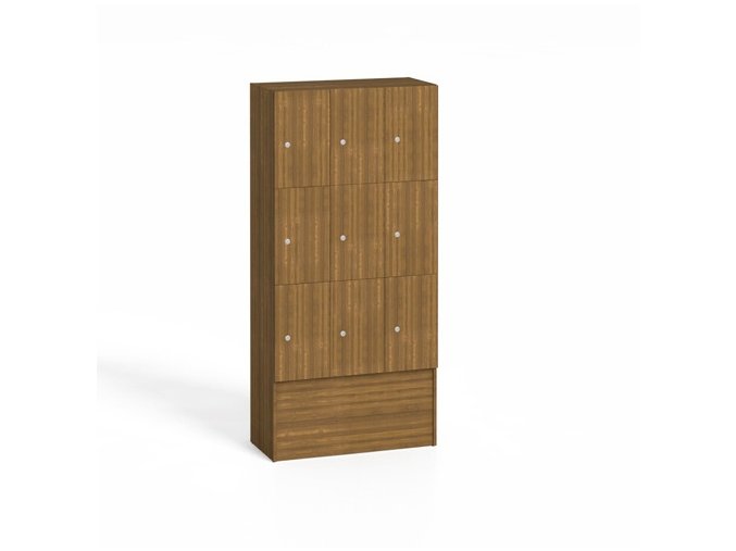 Dřevěná odkládací skříňka s úložnými boxy, 9 boxů, 1700 x 900 x 420 mm, cylindrický zámek, ořech