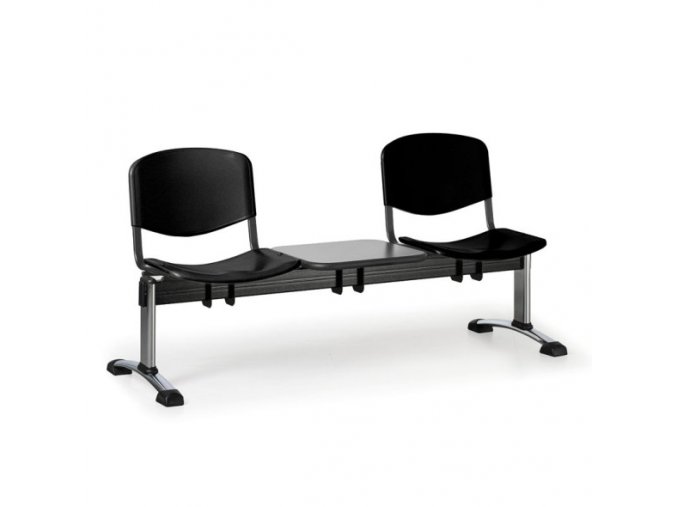 Plastová lavice do čekáren ISO, 2-sedák, se stolkem, černá, chrom nohy