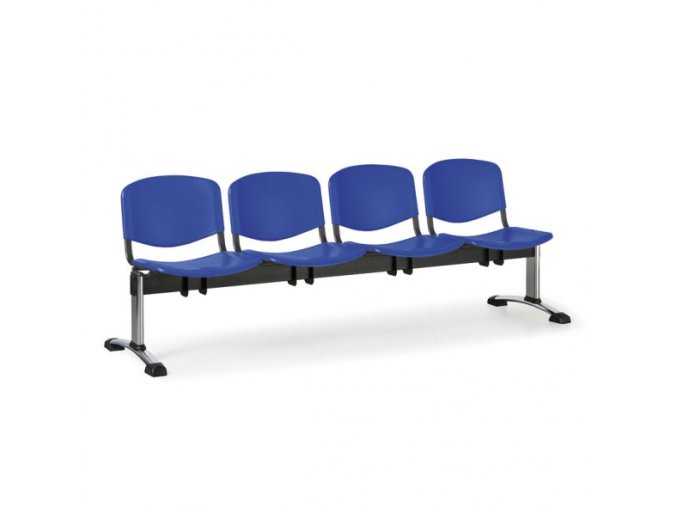 Plastová lavice do čekáren ISO, 4-sedák, modrá, chrom nohy