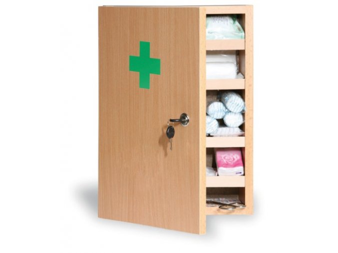 Dřevěná nástěnná lékárnička, 43x30x14 cm, buk, DIN 13157