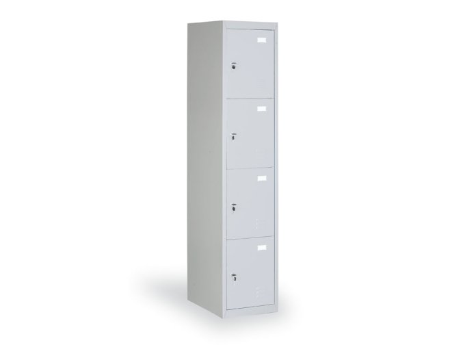 Šatní skříňka s úložnými boxy, 4 boxy, 1820 x 380 x 500 mm, cylindrický zámek, šedé dveře