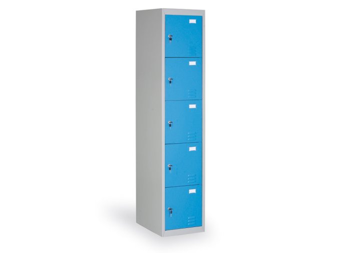 Šatní skříňka s úložnými boxy, 5 boxů, 1820 x 380 x 500 mm, cylindrický zámek, modré dveře