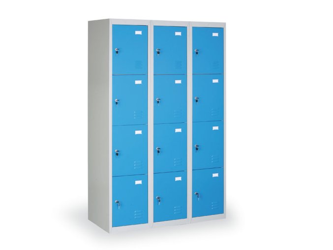 Šatní skříňka s úložnými boxy, 12 boxů, 1820 x 1140 x 500 mm, cylindrický zámek, modré dveře