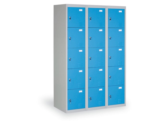 Šatní skříňka s úložnými boxy, 15 boxů, 1820 x 1140 x 500 mm, cylindrický zámek, modré dveře