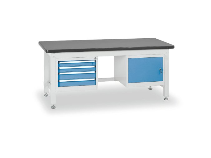 Profesionální dílenský stůl BL, 4 zásuvky, 1 skříňka, deska MDF + PVC, 1800x750 mm