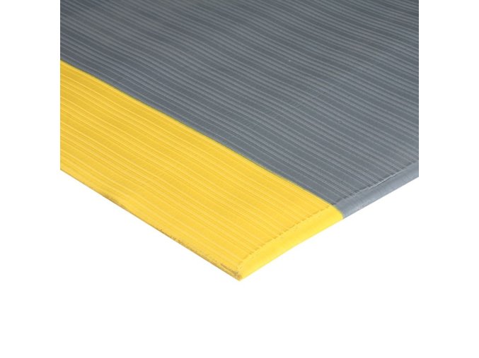 Protiúnavová rohož s drážkami a žlutými okraji, PVC, 90 x 150 cm, šedá /žlutá