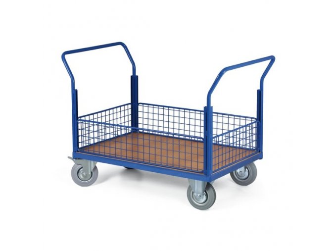 Plošinový vozík - 4 nízké drátěné výplně, 1200x800 mm, nosnost 500 kg, kola 200 mm s šedou pryží