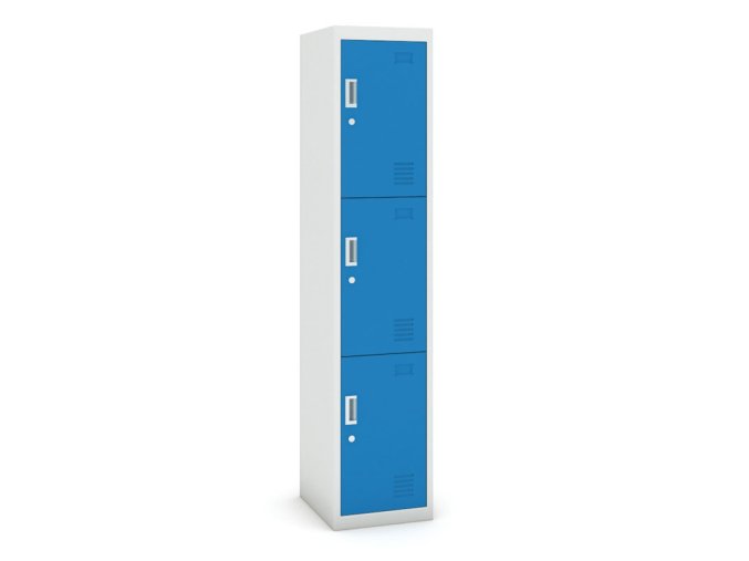 Šatní skříňka s úložnými boxy, 3 boxy, 1800 x 380 x 450 mm, cylindrický zámek, modré dveře