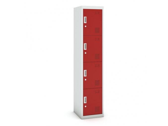 Šatní skříňka s úložnými boxy, čtyřdveřová, cylindrický zámek, 1800 x 380 x 450 mm, šedá/červená