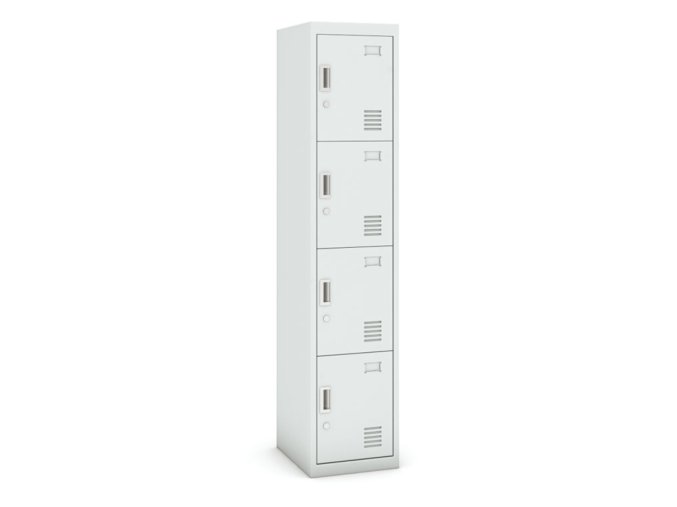 Šatní skříňka s úložnými boxy, 4 boxy, 1800 x 380 x 450 mm, cylindrický zámek, šedé dveře