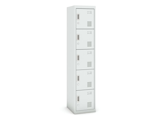 Šatní skříňka s úložnými boxy, 5 boxů, 1800 x 380 x 450 mm, cylindrický zámek, šedé dveře