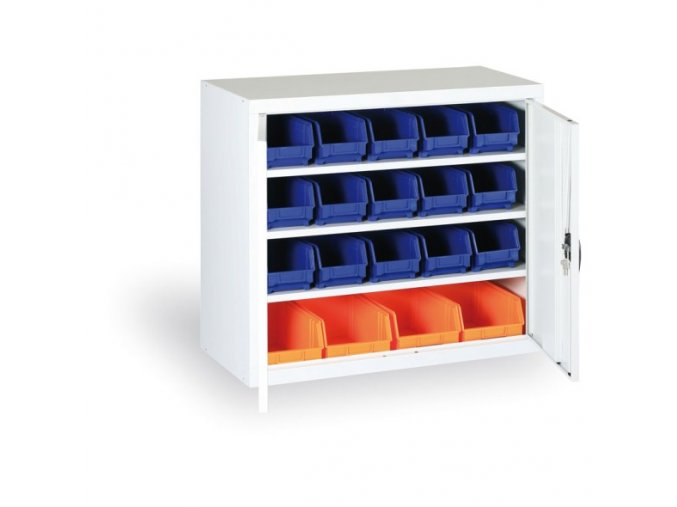 Skříň s plastovými boxy BASIC - 800 x 400 x 920 mm, 18xB/4xC, šedá/modré dveře