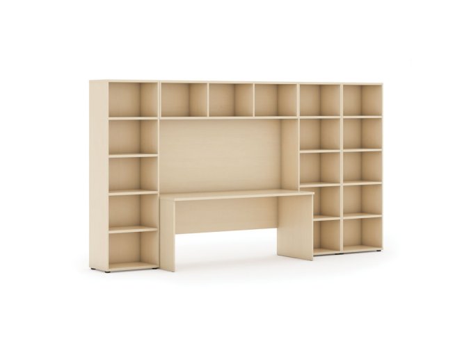 Sestavy knihoven INTEGRO se stolem, nižší/širší, 3350 x 700/400 x 1923 mm, bříza