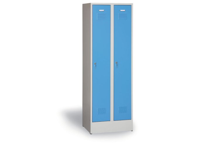 Plechová šatní skříňka ECONOMIC na soklu, 2 oddíly, 1800 x 600 x 500 mm, cylindrický zámek, modré dveře