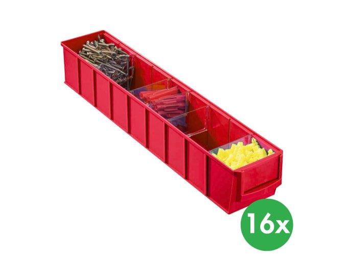Plastový regálový box ShelfBox typ C - 91 x 500 x 81 mm, 16 ks, červený