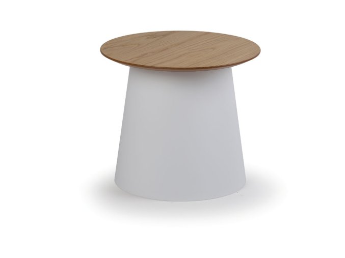 Plastový kávový stolek SETA s dřevěnou deskou, průměr 49 cm, dub/bílá