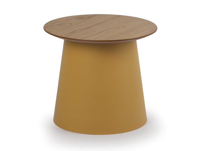 Plastový kávový stolek SETA s dřevěnou deskou, průměr 49 cm, dub/okrová