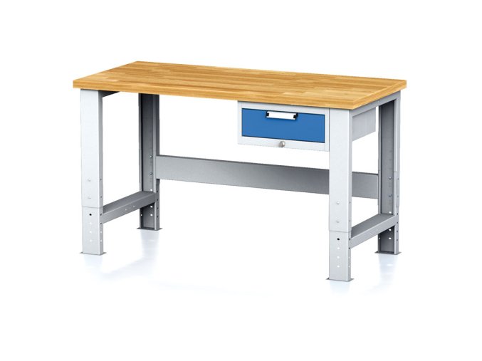 Nastavitelný dílenský stůl MECHANIC I ,závěsný box na nářadí, 1 zásuvka, 1500x685x700-1055 mm,modré dveře