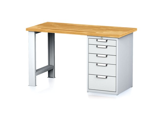 Dílenský pracovní stůl MECHANIC I, pevná noha + dílenský box na nářadí, 5 zásuvek, 1500 x 685 x 880 mm, šedé dveře