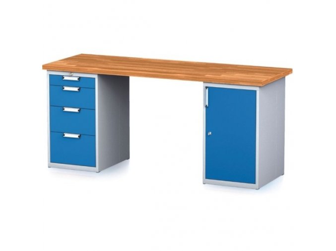 Dílenský stůl MECHANIC I se zásuvkovým boxem a skříňkou na nářadí místo nohou, 4 zásuvky, 2000 x 700 x 880 mm, modré dveře