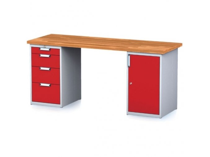 Dílenský stůl MECHANIC I se zásuvkovým boxem a skříňkou na nářadí místo nohou, 4 zásuvky, 2000 x 700 x 880 mm, červené dveře